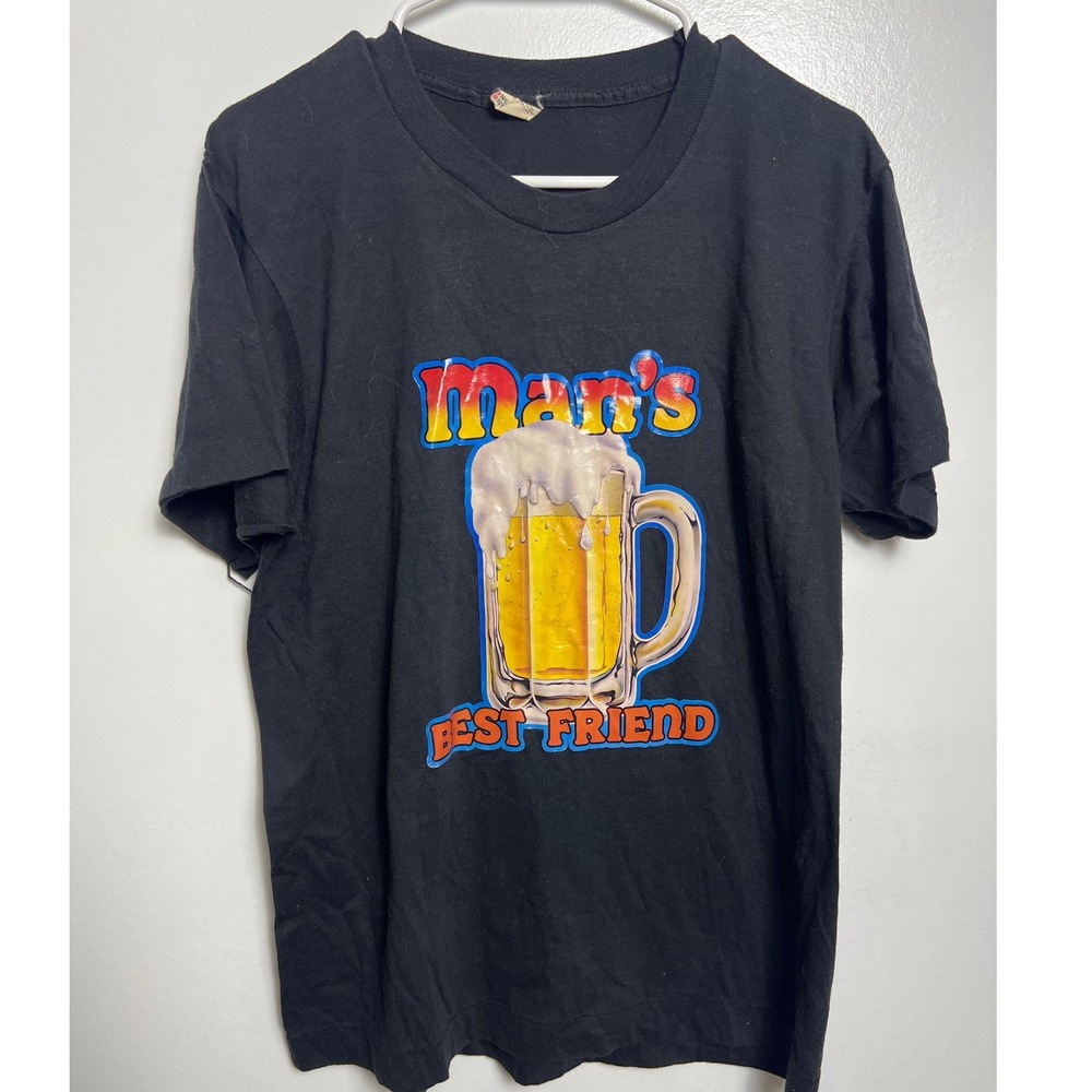 Vintage Screen Stars Mans Best Friend Beer‎ Mug Graphic T-Shirt Black L USA Made